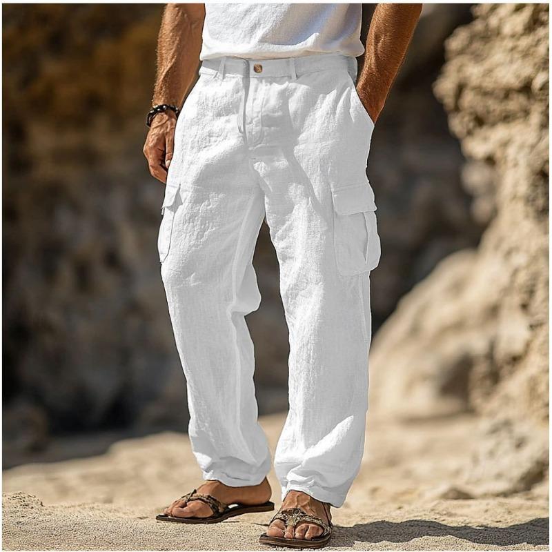 Men's linen trousers spring summer autumn trousers multi-pocket straight comfortable breathable full length outdoor daily