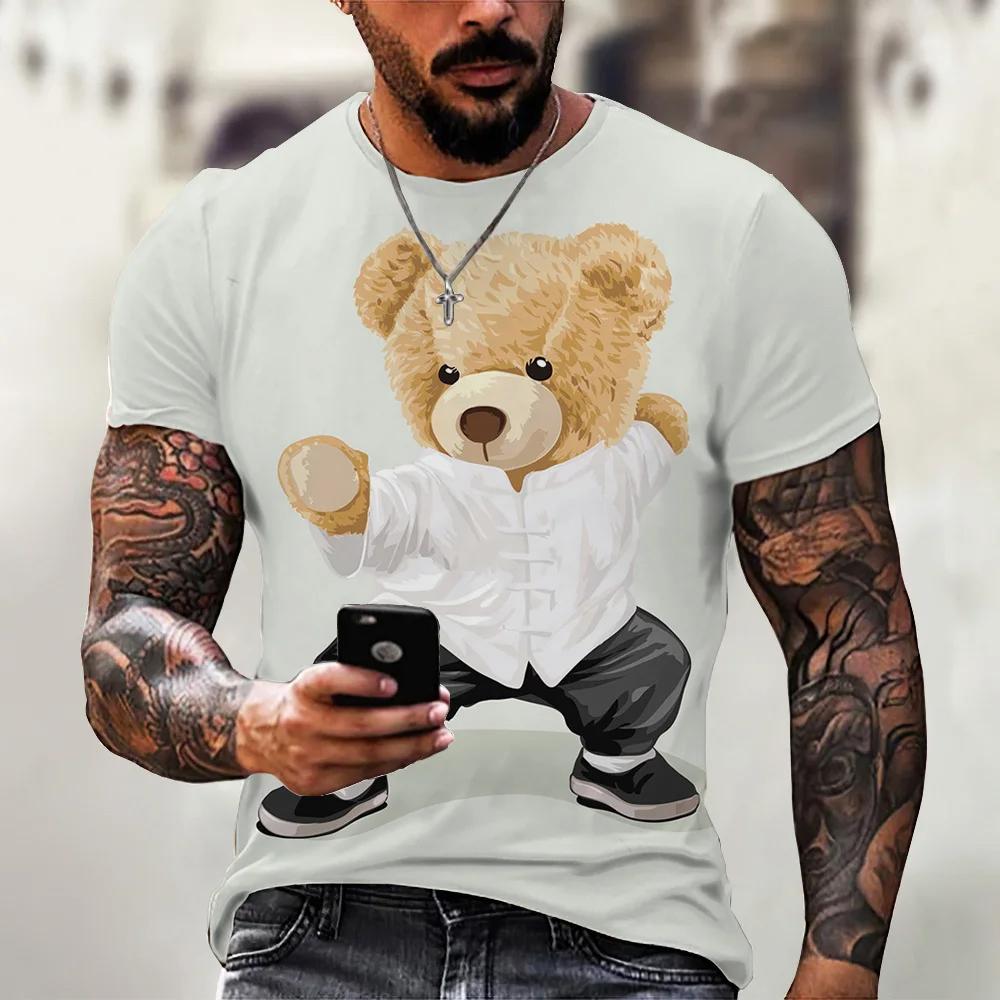 Camiseta casual masculina de verão com estampa fofa de ursinho de pelúcia, gola redonda, confortável e respirável, top casual urbano para atividades ao ar livre