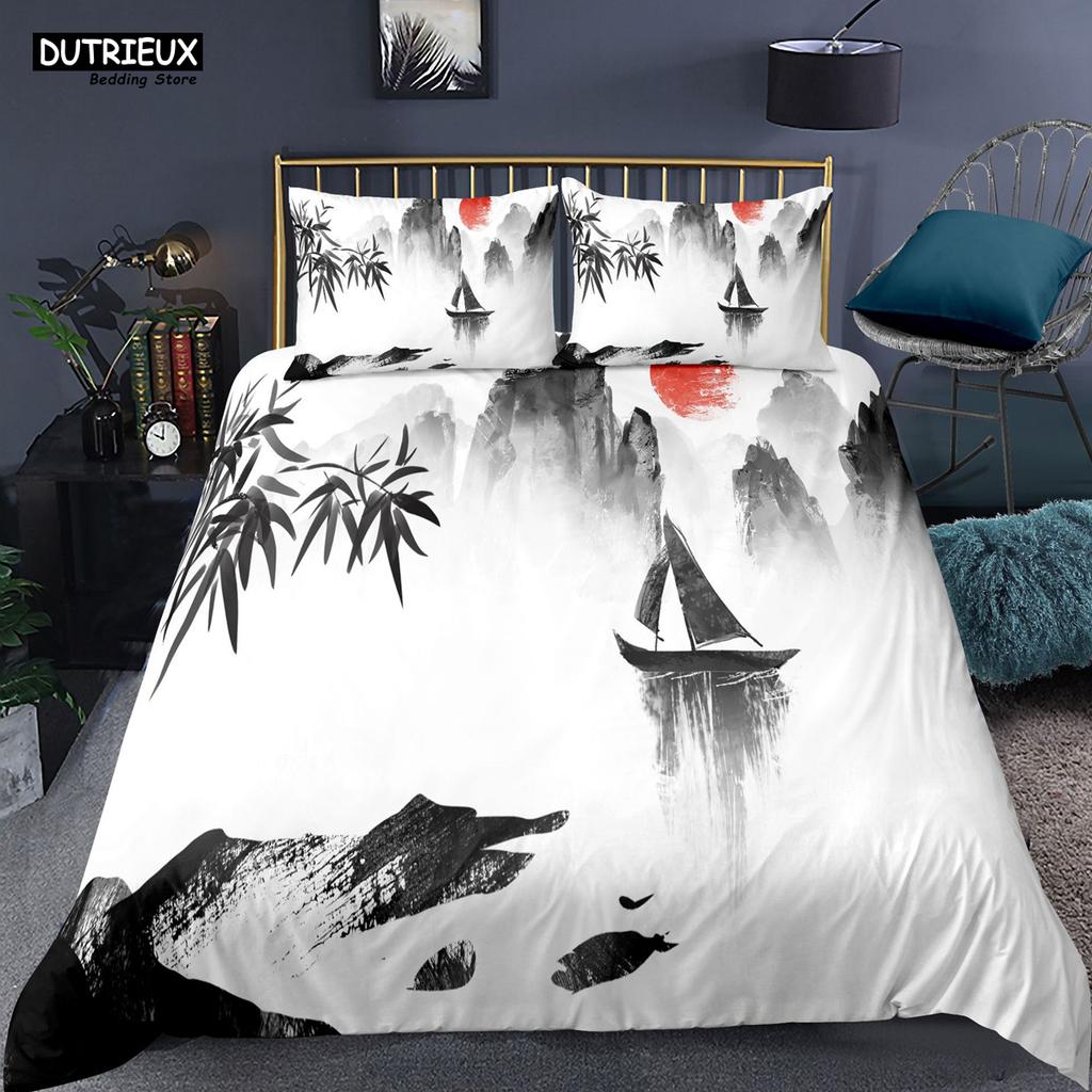 Chinese Style Landscape Bedding Set Plum Blossom Duvet Cover Sets With Pillowcase Duvet Cover Single Full King Comforter Sets