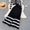Autumn And Winter Korean Version Of The Collision Color Stripes Hollow Knitted Cardigan Plus Half-Body Skirt Two-Piece Set