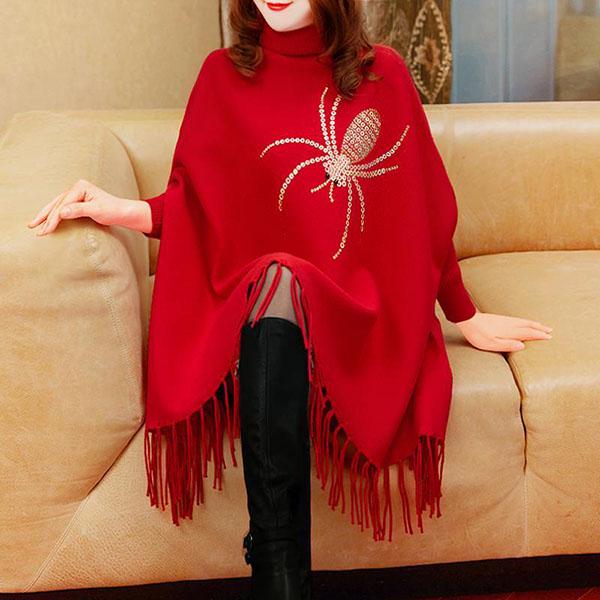 Autumn Winter Fringed Cloak Shawl Women Plus Size Knitted Coat Loose Fashion Pullover Knitted Cloak Shawl with Sleeves
