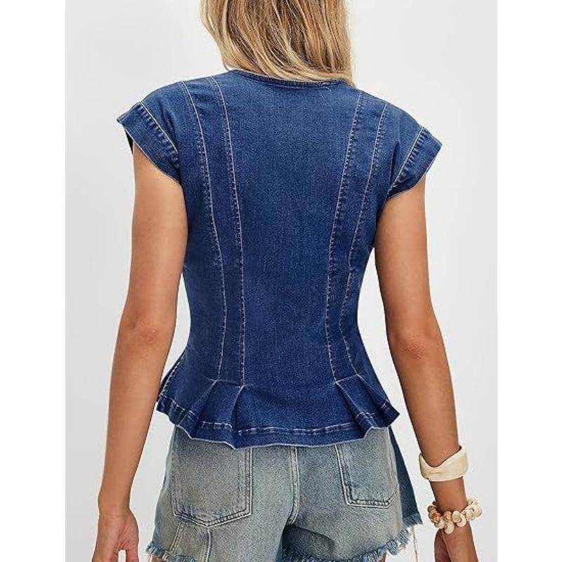 Women S V Neck Denim Vest Buttoned Slim Fit Casual Short Top