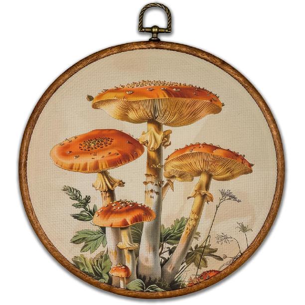 BCUANGD Vintage Mushroom Round Wall Art Decor - Retro Boho Botanical Wall Art Canvas Frame Artwork Prints, Neutral Cottagecore Round Wall Hanging