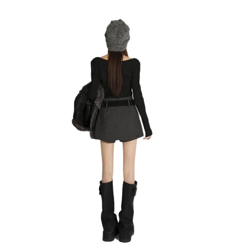 Spicy Girl Fashion Wool Plaid Skirt Shorts with Belt: Women's Autumn/Winter Anti-Exposure Design