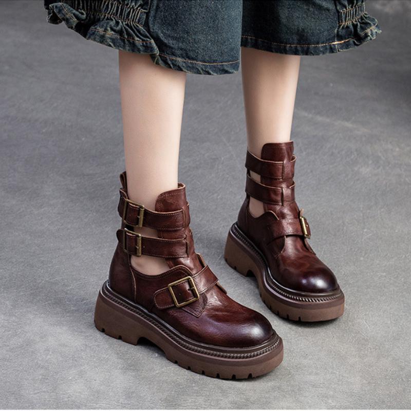 Johnature Römische Gladiator-Sandalen aus echtem Leder mit dicker Sohle, vielseitige modische Damenschuhe