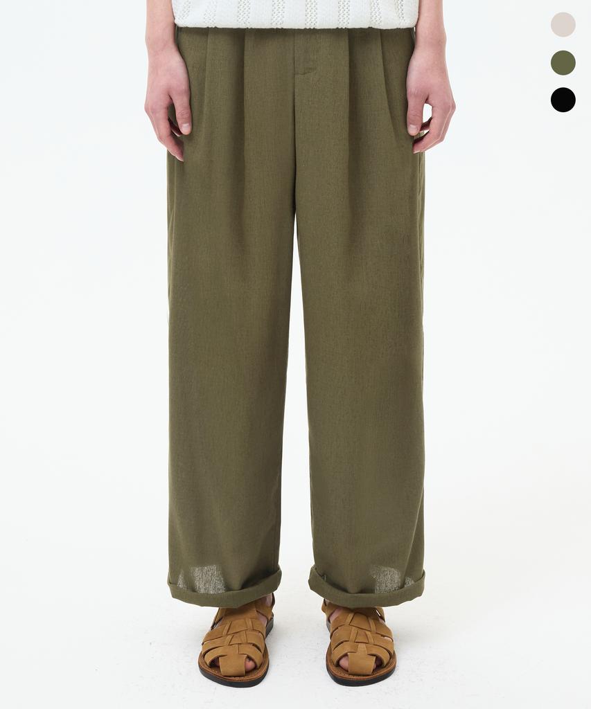 TRILLION Double-Pleat Tapered Linen Wide Elastic Waist Pants_3Color