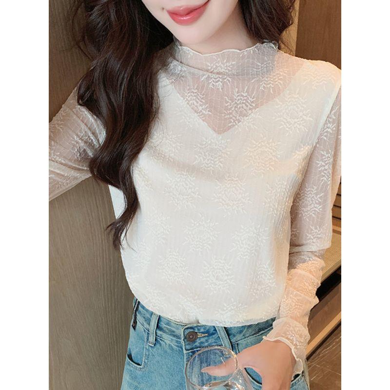 K-style Fashion Commuter Ol Stand Collar & White Sneaky Design See-through Slim-Fit Easiest for Match Long Sleeves T-shirt Lace Bottoming Shirt Spring