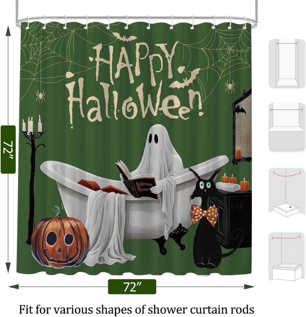 Cute Ghost Halloween Shower Curtain with Black Cat Pumpkin Boho Floral Pattern, Waterproof Heavy Duty Washable Bathroom Decor