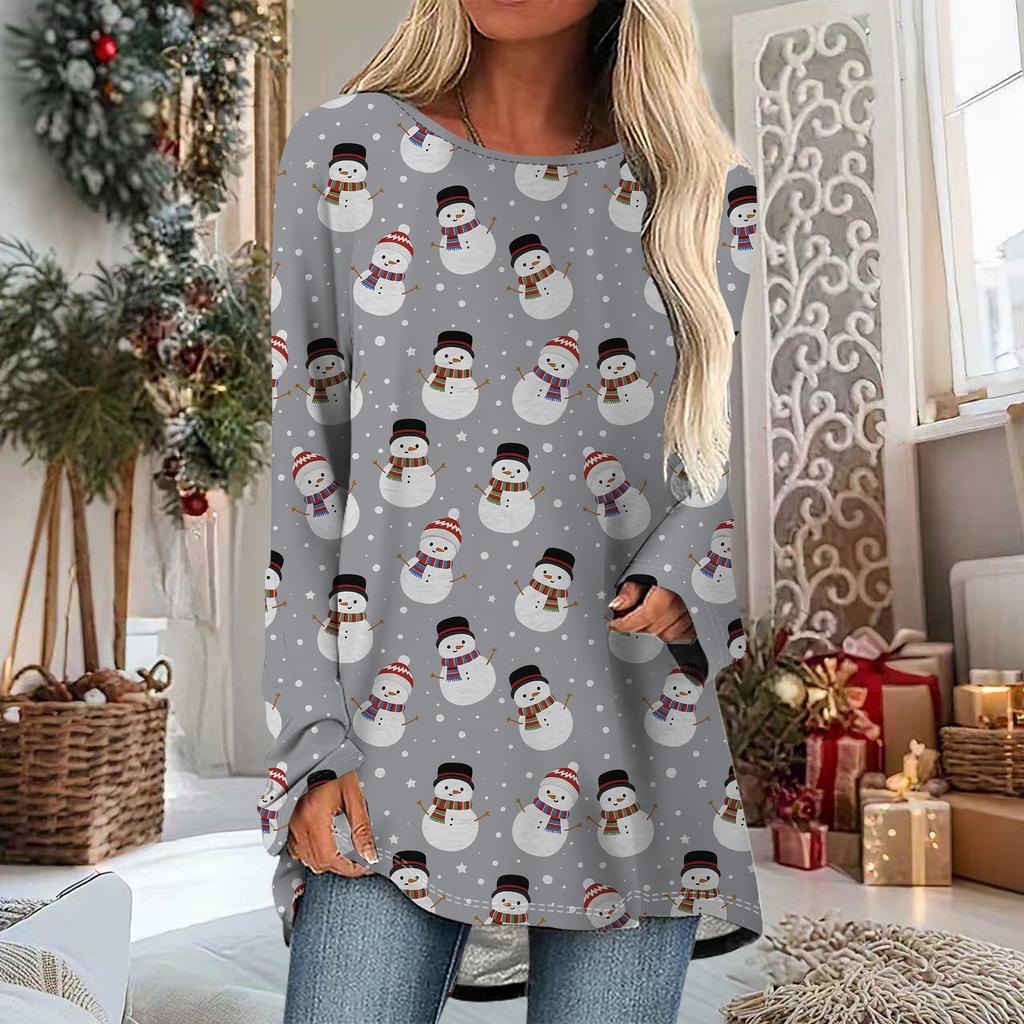 Übergröße Damen Frühling Weihnachten Schneemann Gedruckt Bequem Langarm Rundhals T-Shirt Lässig Weit Mittelang Tops