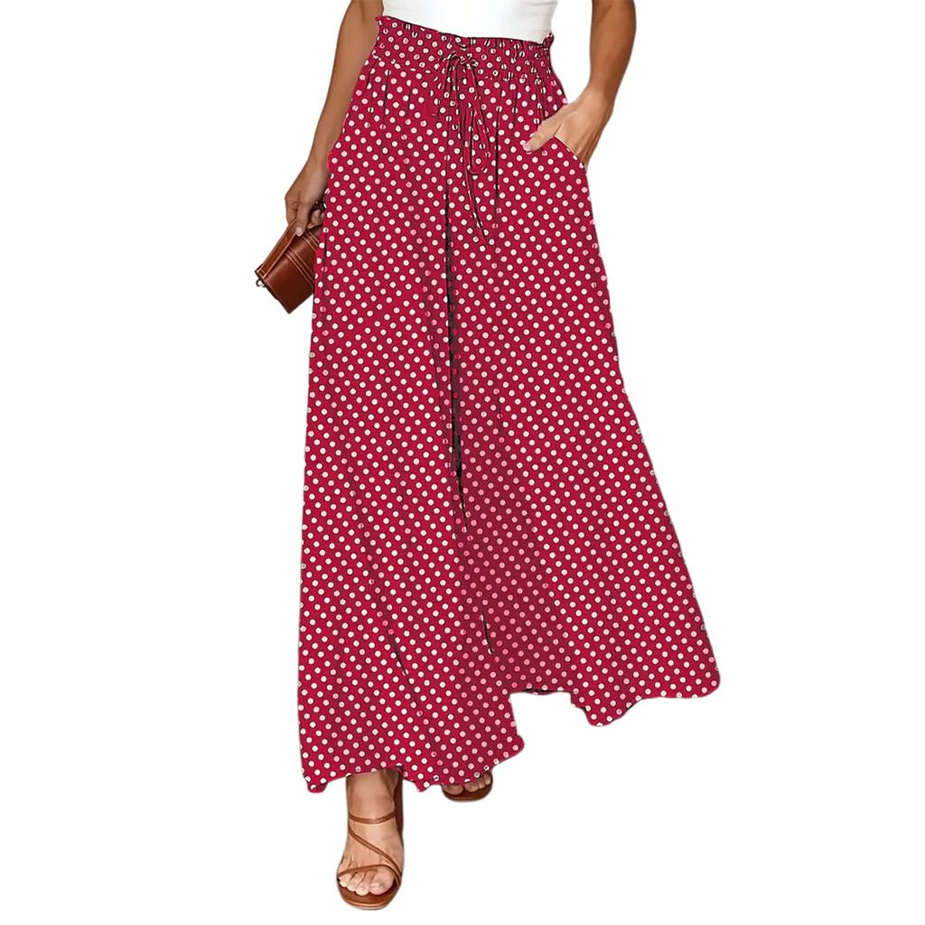 Women's Fashionable Bohemian Wide-leg Trousers With Elastic Waist And Polka Dot Print Long Skirt Pants