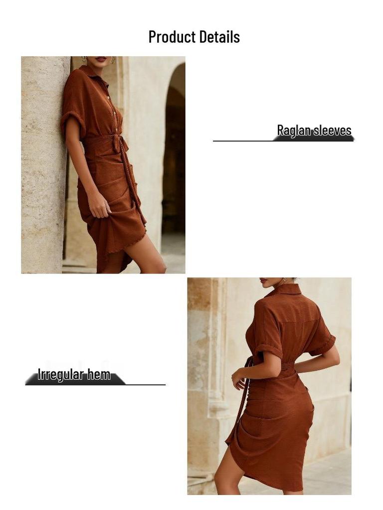 Elegant European & American Style Lace-up Shirt Dress with Adjustable Lapel and Waist-cinching Design - Fashionable Women's Attire for 2026.
