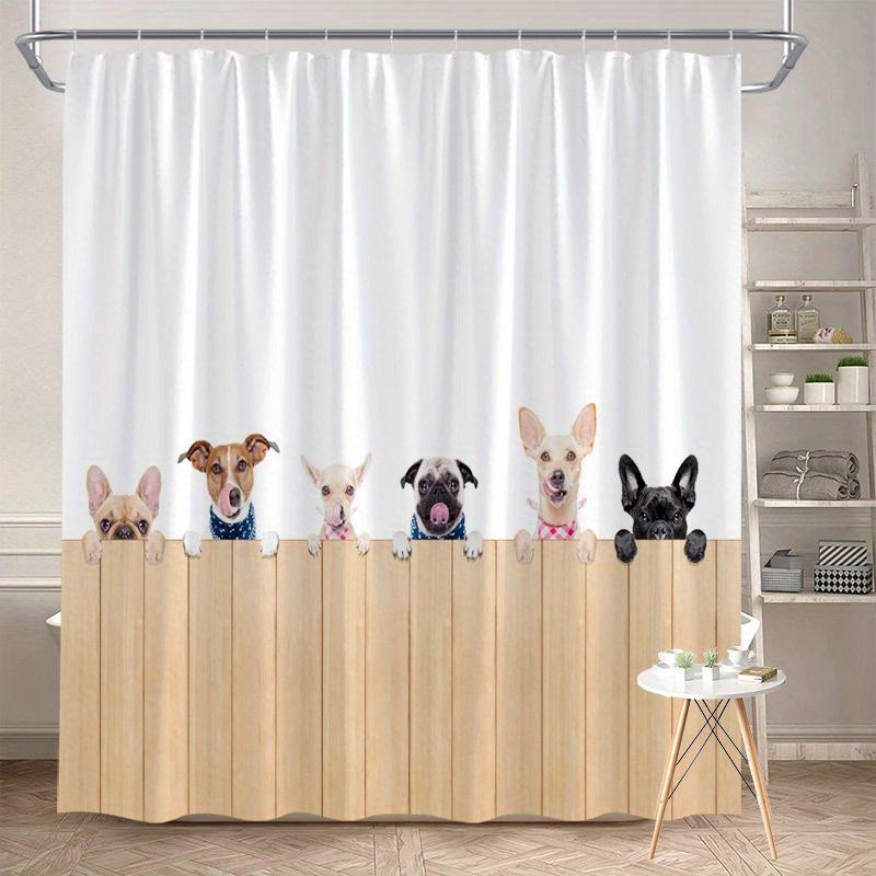 

Unique Breed Dogs Shower Curtain - 6 Small Dogs, Wooden Fence, White Background, Polyester Fabric with Hooks, Bathroom Decor W90xH180cm