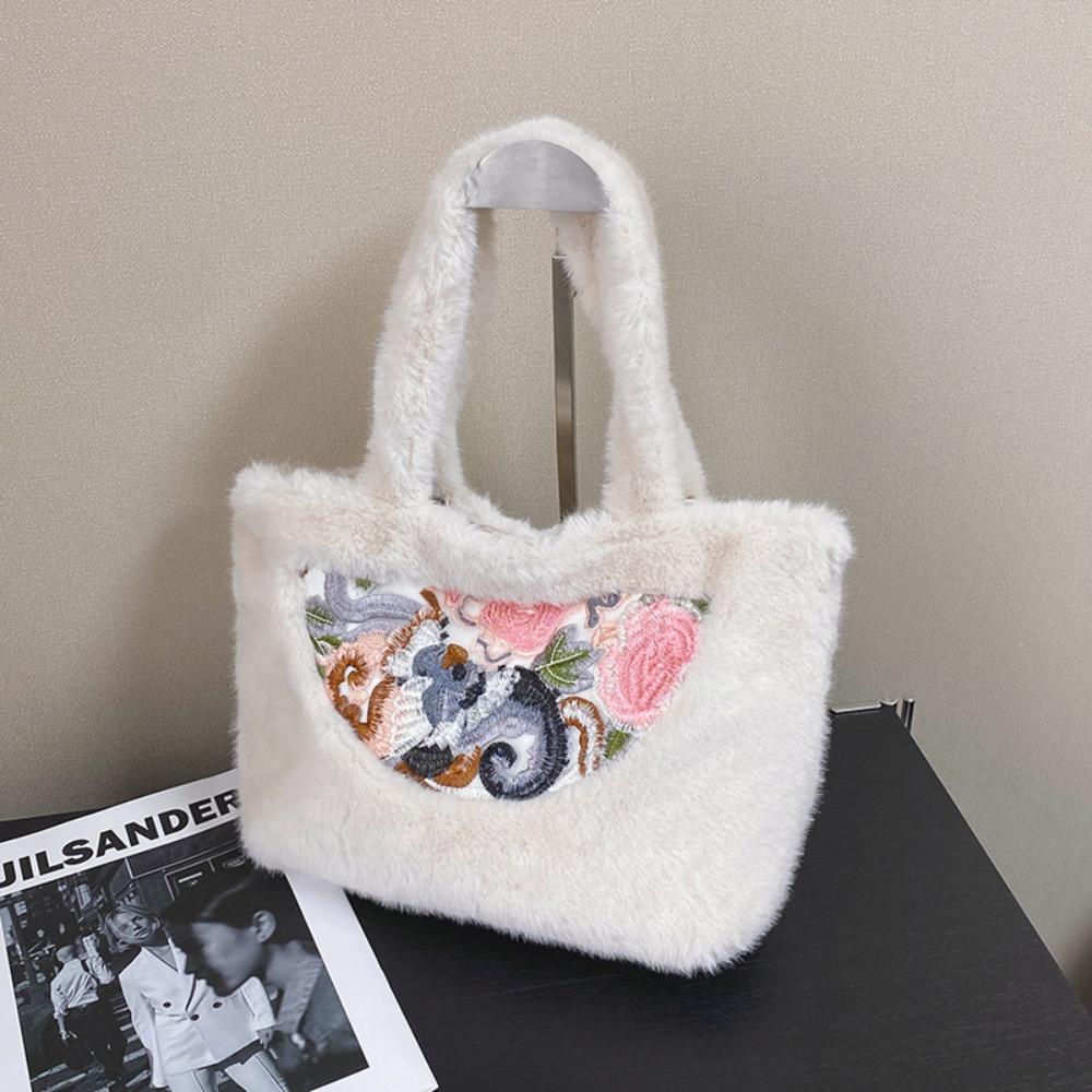 

Embroidery Plush Tote Bag Chinese Style Plush Change Pouch Creative Plush Handbag Winte белый