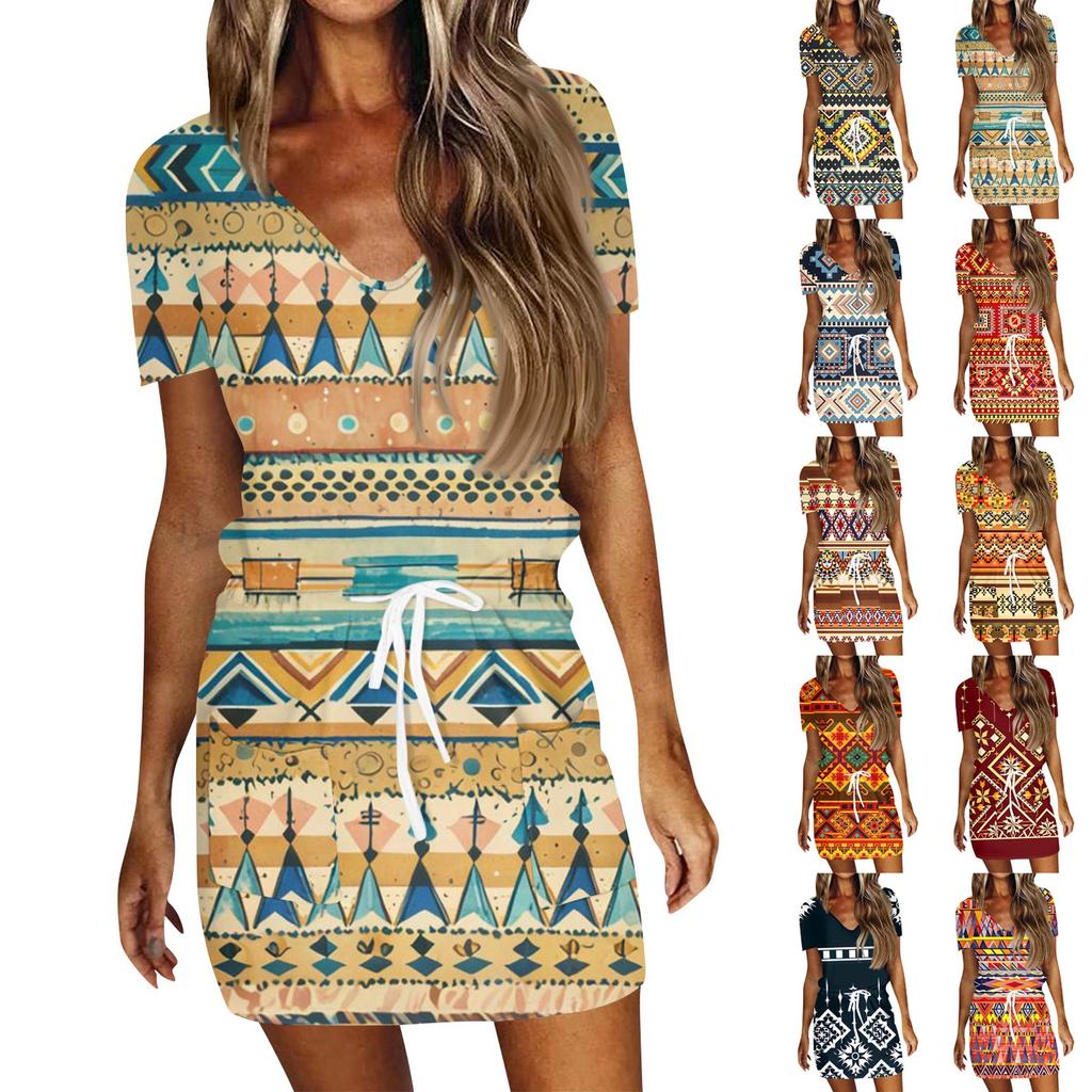 Women's Fashion Casual V-Neck Short Sleeve Drawstring Sequin Printed Dresses