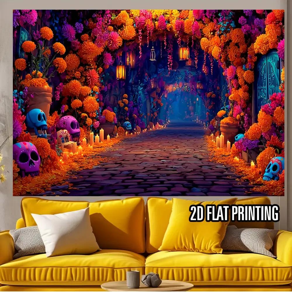 2D Plane, 1 Large Mexican Day of the Dead Wall Backdrop - Lacatrina Sugar Skulls and Candles, Bright Purple/orange