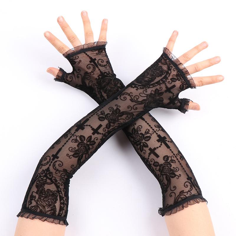 Women Summer Sunscreen Fashion Print Thin Lace Transparent Long Fingerless Gloves Sleeves Elasticity Mesh Lolita Punk Cosplay