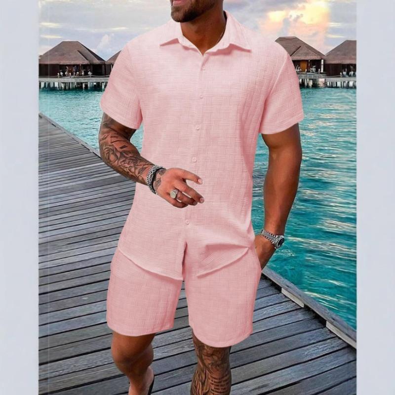Mens Casual Solid Color Textured Short Sleeve Shirt And Shorts Two Piece Set