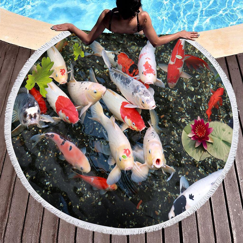 Koi Fish Round Beach Towel Soft Sand Free Quick Dry Circle Bath Towel Absorbent Meditation Rug Yoga Mat Throw Fringe Tapestry