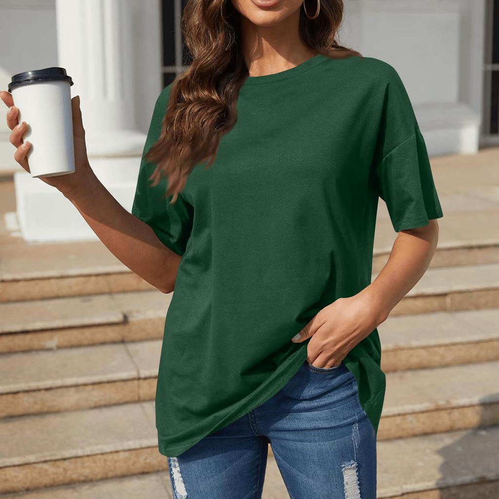 A Solid-color Loose Short-sleeved, Round-neck Plate-sized Top For Women In Spring And Summer