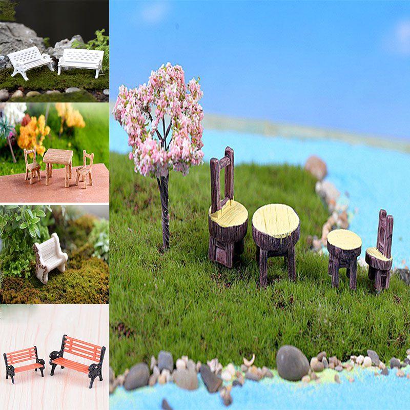 Miniature Garden Bench Set Durable Resin White Chair And Brown Table Micro Landscape Decor