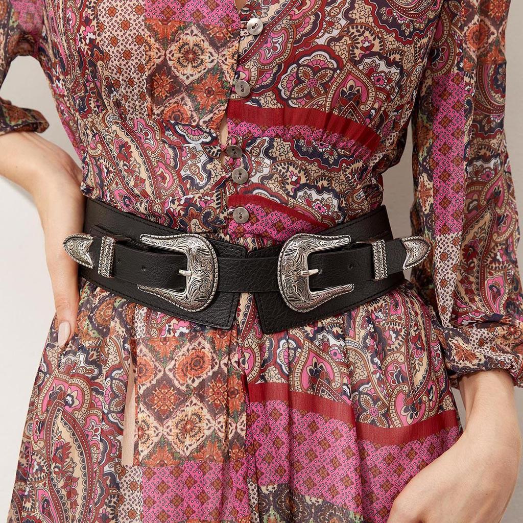 Distressed Retro Double Buckle Elastic Waist Belt - Adjustable Fashion Denim for Women