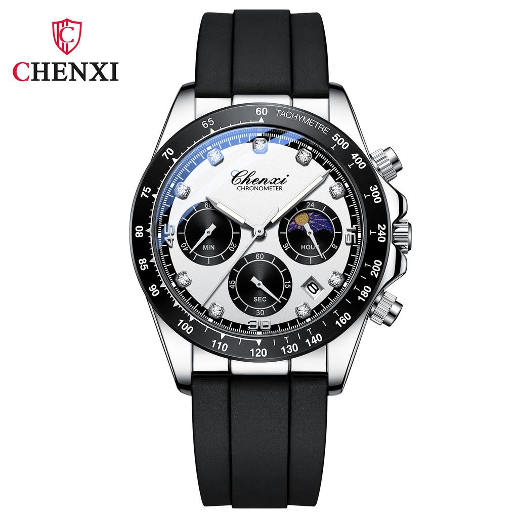 Dawn Explosion Silicone Strap Watch Men'S Three Eyes Six Pins Moon Phase Waterproof Business Casual Men'S Large Dial