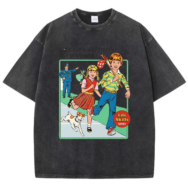 Let' Run Away From Our Problems Print Women Distress Tshirts Summer Fashion Washed T-Shirt Breathable Tee Shirts Soft Clothes