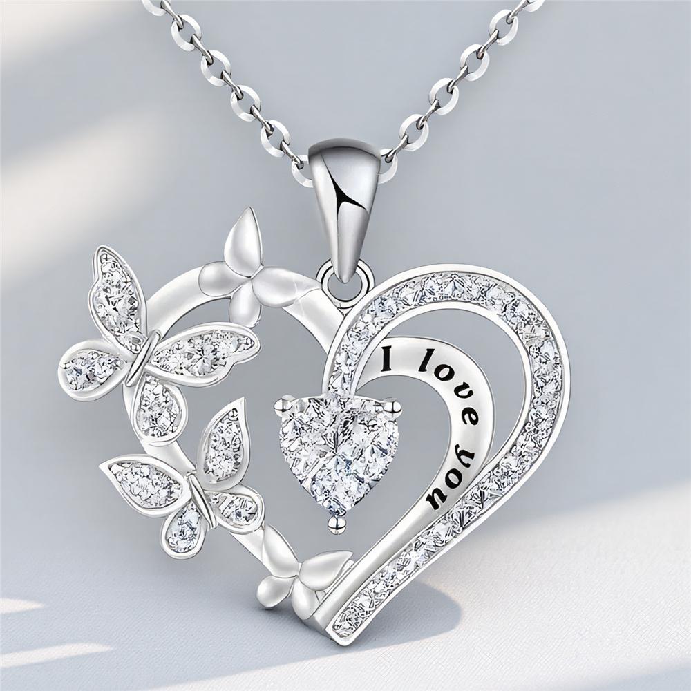 Female Crystal White Purple Zircon Stone Heart Butterfly Pendant Necklace Vintage Silver Color Wedding Jewelry For Women