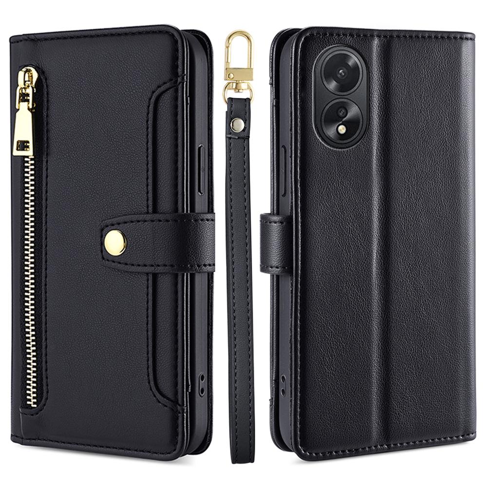 

For Oppo A38 4G/A18 4G Case Wallet Zipper Pocket Leather Cover with 2 Straps Black
