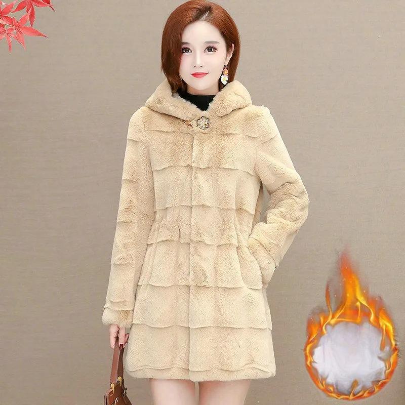 Imitation Mink Fleece Fur Coat Mother's Winter Warm Cotton Coat Mid-length Fashion Hooded Thick Coat