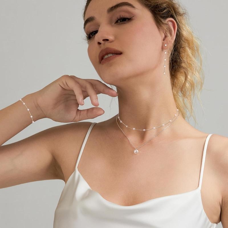 Chic Double Strand Choker Set Imitation Pearls Accents Alloy Clavicle Chain Jewelry For Daily Use