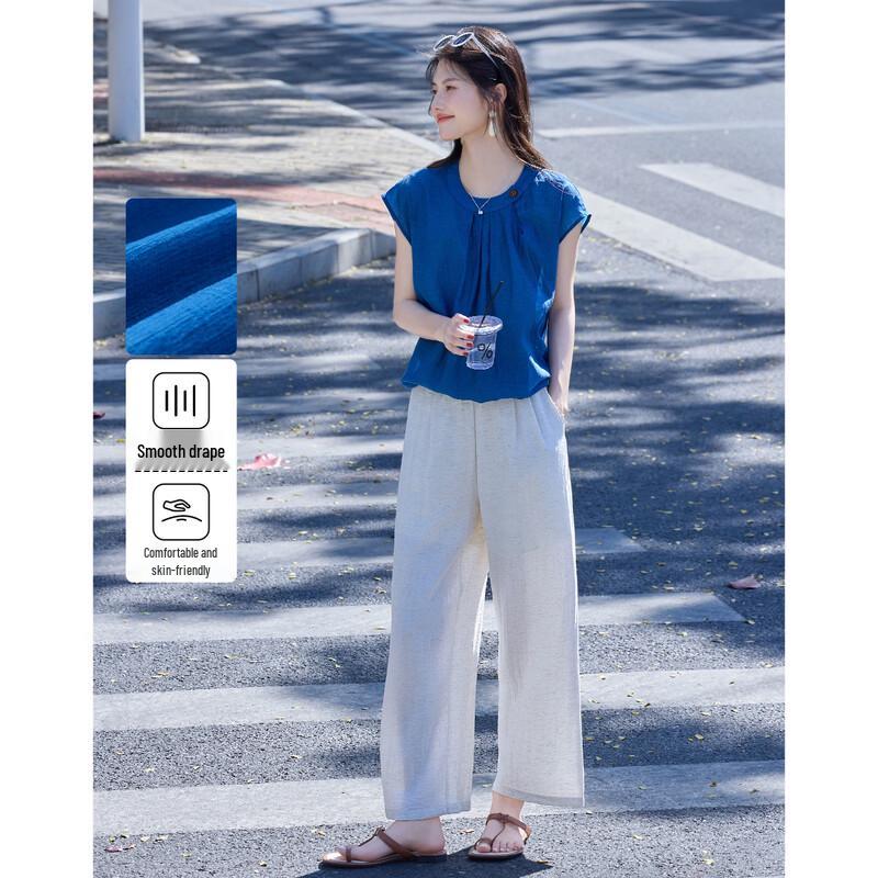 Women s Lyocell Linen Blend Pleated Top & Wide-Leg Pants Set M