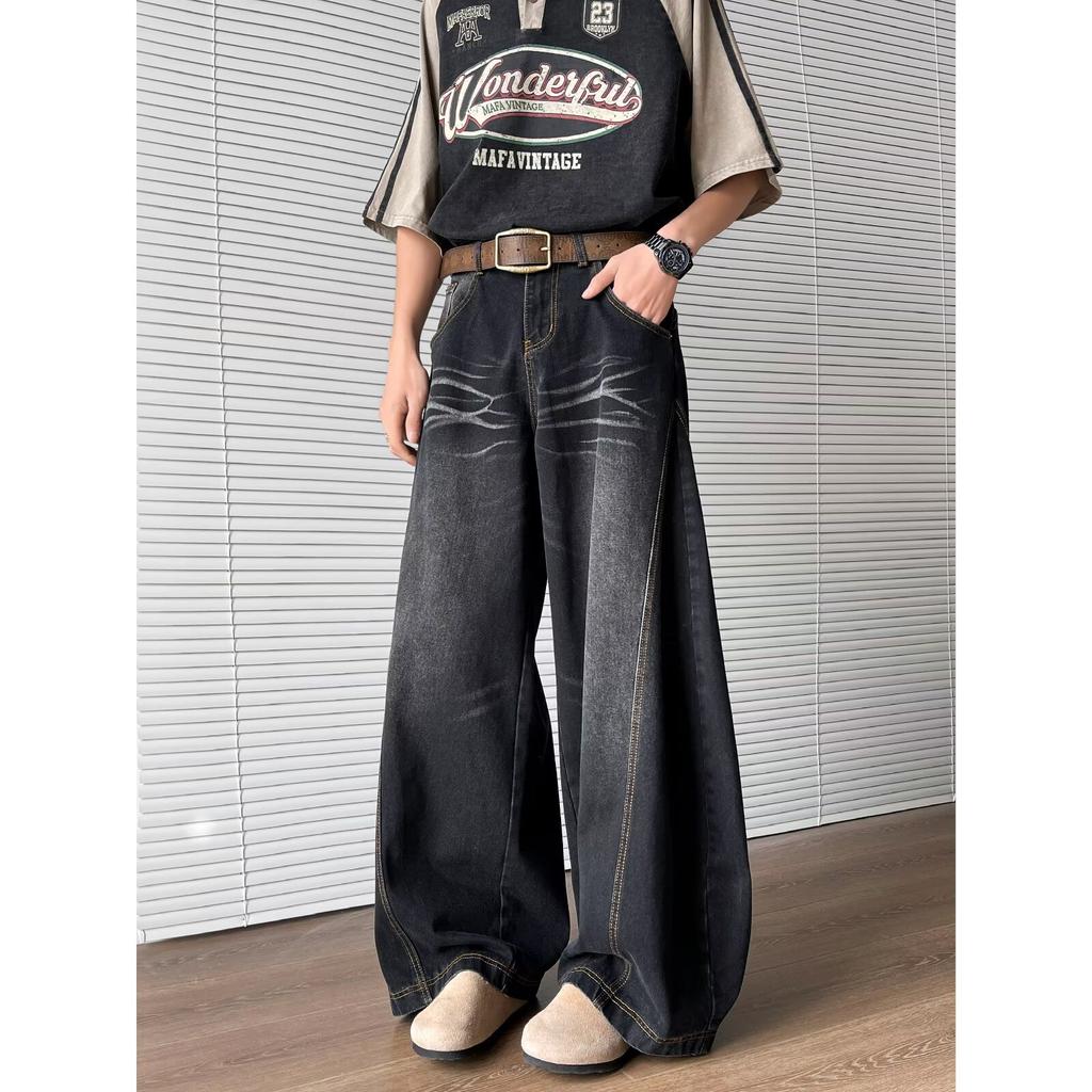 Men's Mid Rise Washed Cat Whisker Barrel Jeans Loose Wide Leg Denim Pants American Vintage High Street Y2K Casual Four Seasons Long Trousers