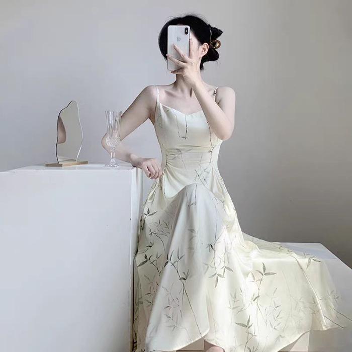 

Летнее платье на бретельках-спагетти с бамбуковым принтом тушью – стиль Fairy Mori, стройнящее, ретро, длинное платье с акцентом на талии Large