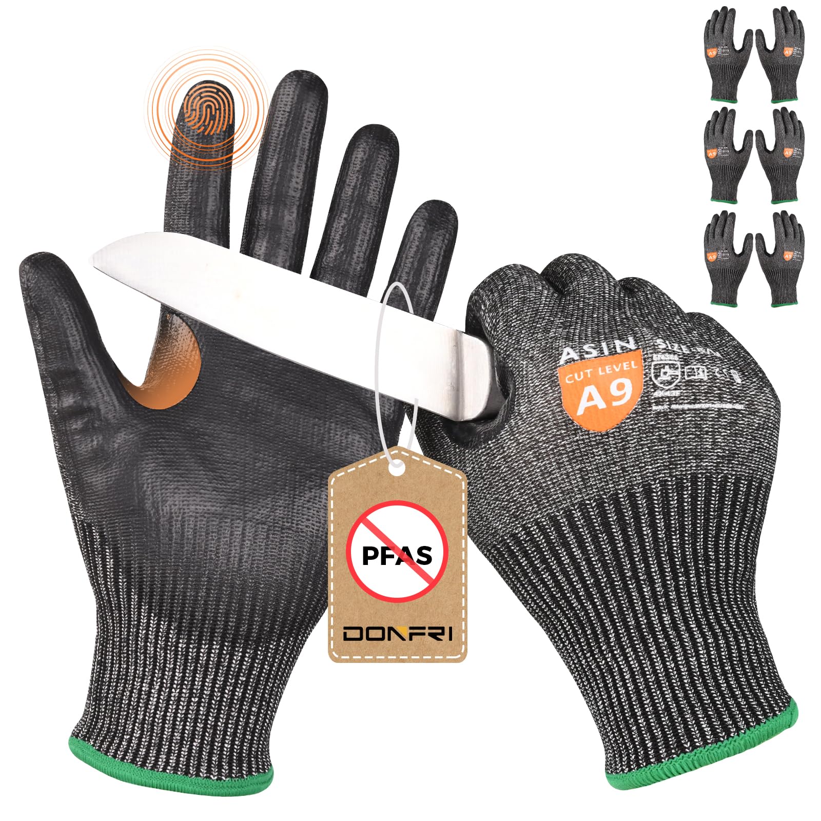 

DONFRI 3 Pairs Work Gloves Resistance Level with PU and Oil Resistant for Emergency and Disaster Preparedness Cut-Resistant (Cut 9) Non-Slip,