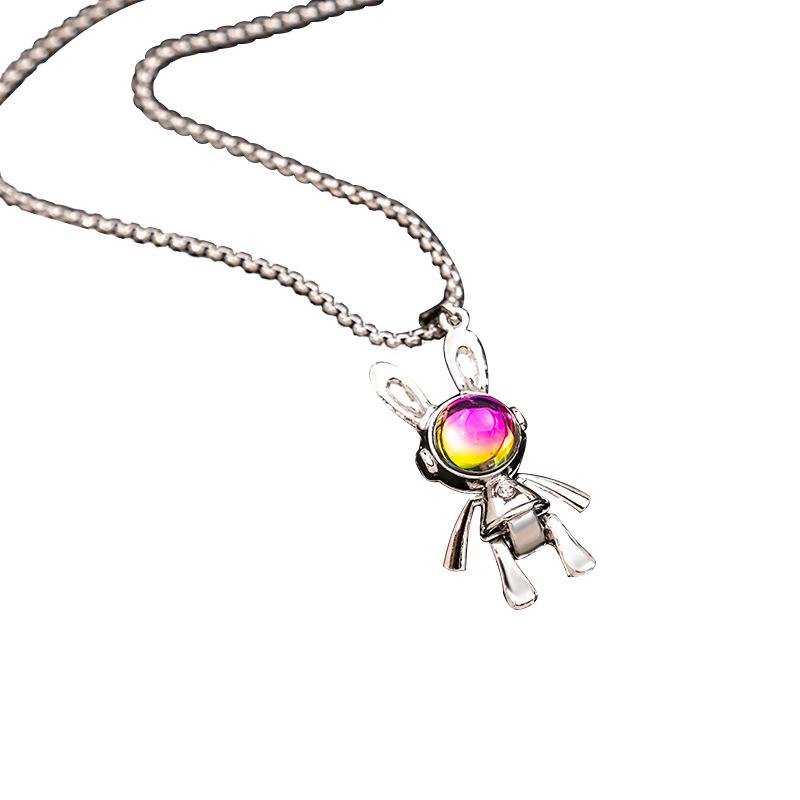 Mechanical Space Rabbit Necklace: Colorful Gemstone Pendant with Movable Limbs