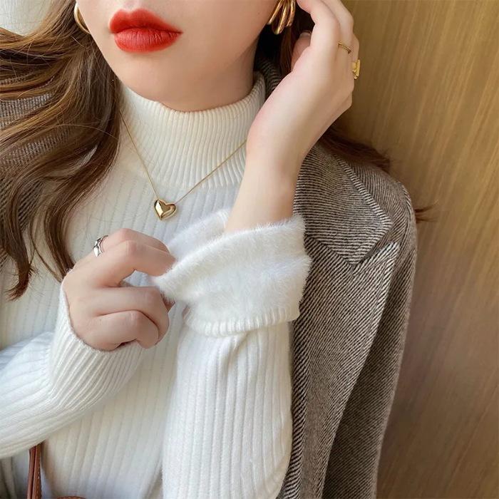 Women's Fleece-Lined Thick Sweater for Autumn/Winter, Half-High Collar Plush Base Layer, High-Grade Warm Top.