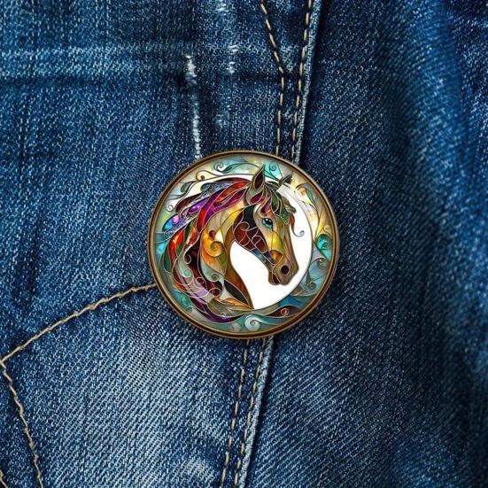 Broszka Koń Metalowe Obramowanie Tekstura Witrażu Artystyczny Design Mała Okrągła Przypinka Kolorowy Wzór Konia Odznaka Swetry Szaliki Akcesorium
