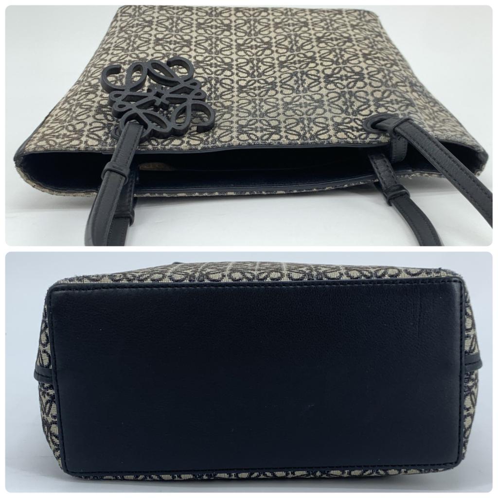 LOEWE Repeat Anagram Jacquard Square Tote Shoulder Bag Canvas Calf Leather Navy Blue Black
