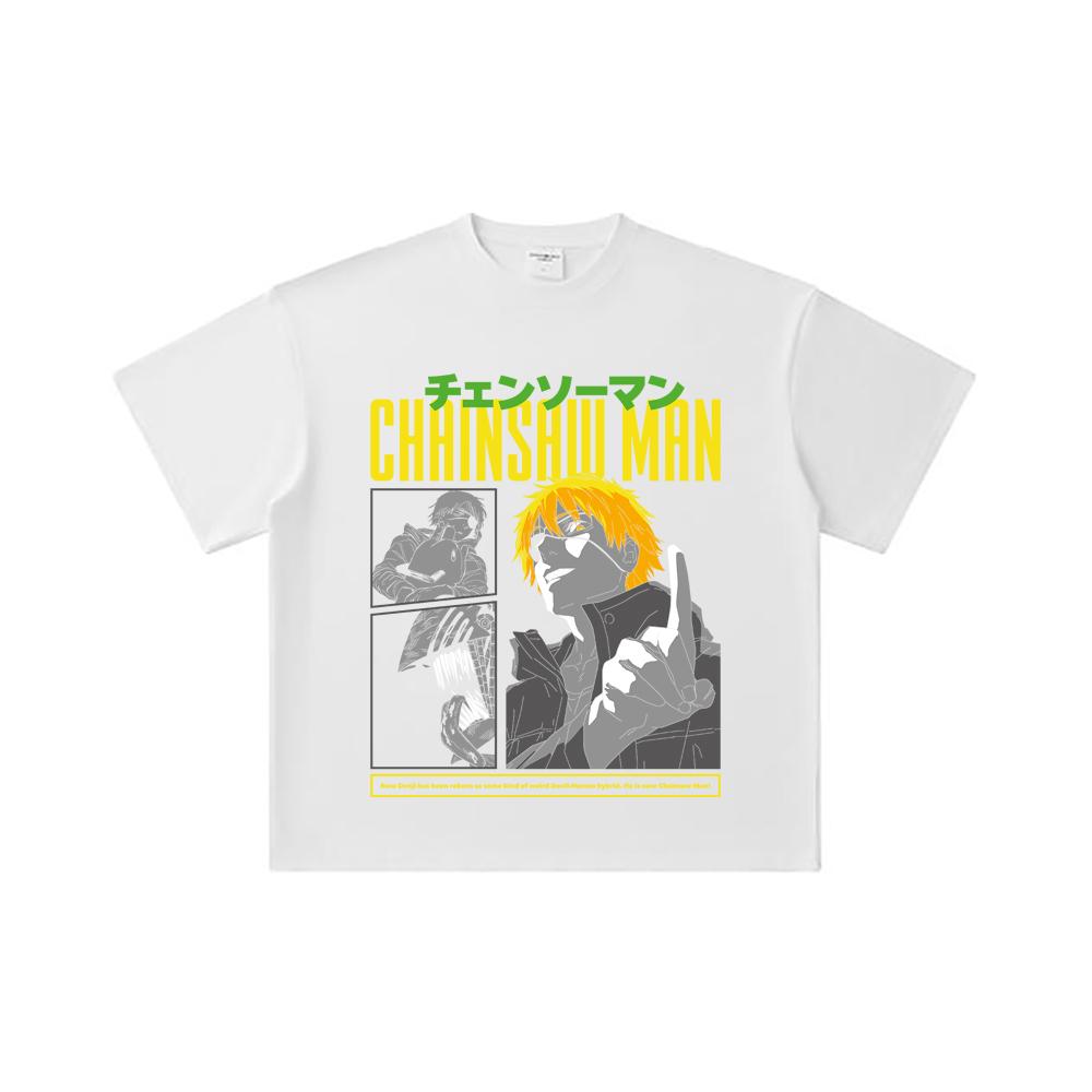 260 GSM Double Yarn 32 Count 100% Cotton Chainsaw Man V45 Denji Print Unisex Heavy Cotton T Shirt