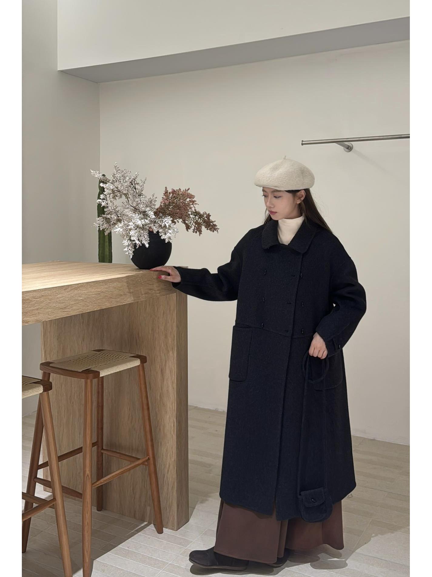 

Women s 2025 Autumn/Winter Double-Faced Wool Coat - Long, Petite, Loose Fit Medium деревне вугілля/чорний