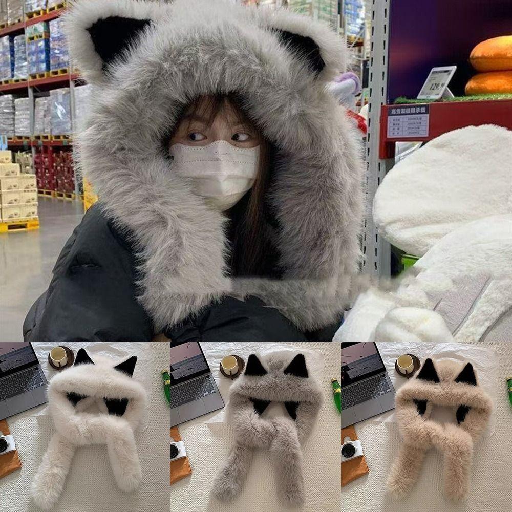 Soft Plush Integrated Cap Scarf Warm Beanie Ear Protection Windproof Cap Scarf Neck Warm Fake Fur Long Scarf Cap Cold Weather