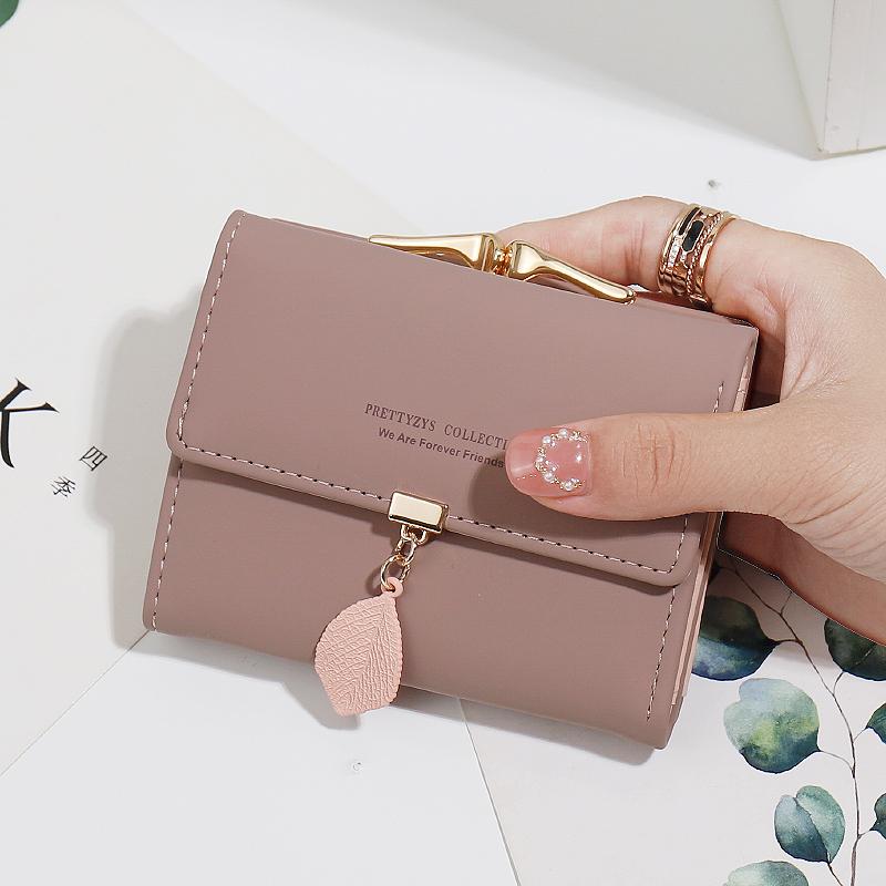 Affordable Luxury Women's Short Wallet Korean PU Leather Simple Everything with Solid Color Personality Leaf Pendant