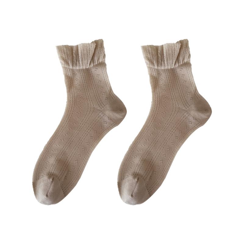 Spring and Summer Thin Mesh Perforated Mid-calf Socks, Lace Sweet Ballet-style Breathable Socks