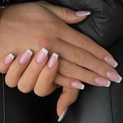 24pcs Short Coffin Shaped Simple Solid Color French Wearable False Nails French Tip Press On Nails Supplies