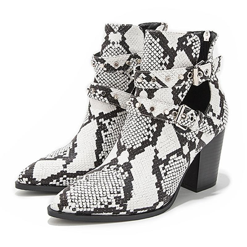 Motocyklové kovbojské boty pro ženy hadí PU kůže krátké kozáčky vysoké podpatky kovbojské kotníkové boty přezka kotník boty