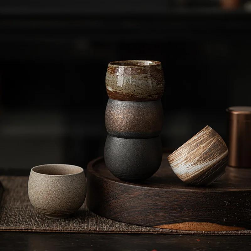 Japanese Handmade Rough Pottery Tea Cup Ceramic Kung Fu Tea Set Single Cup Antique Style Quiet Path, Antique Craftsmanship Gift