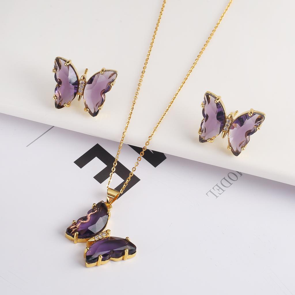 2PC Crystal Transparent Butterfly Pendant Necklace Earrings Jewelry Set Women's Luxury Gold Plated High Quality Gift