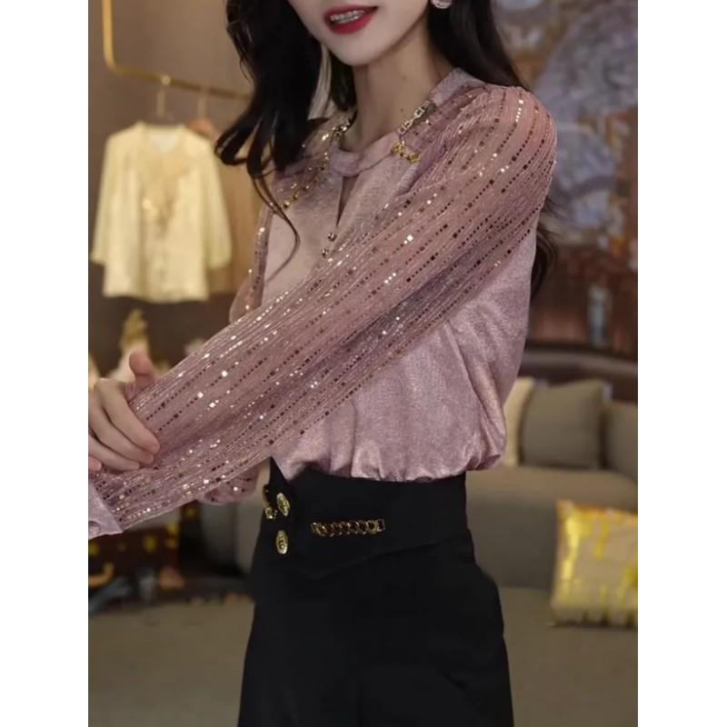 Women's Spring and Autumn Design Slimming Top, Slim Fit Elegant Temperament Long Sleeved Top