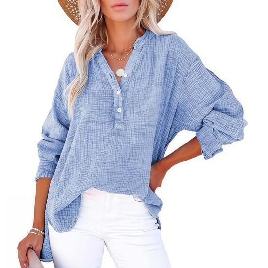 Women Shirt V-Neck Buttons Half Placket Long Sleeve Pullover Tops Solid Color Loose Fit Pleated Tops Casual Tee Daily Wear